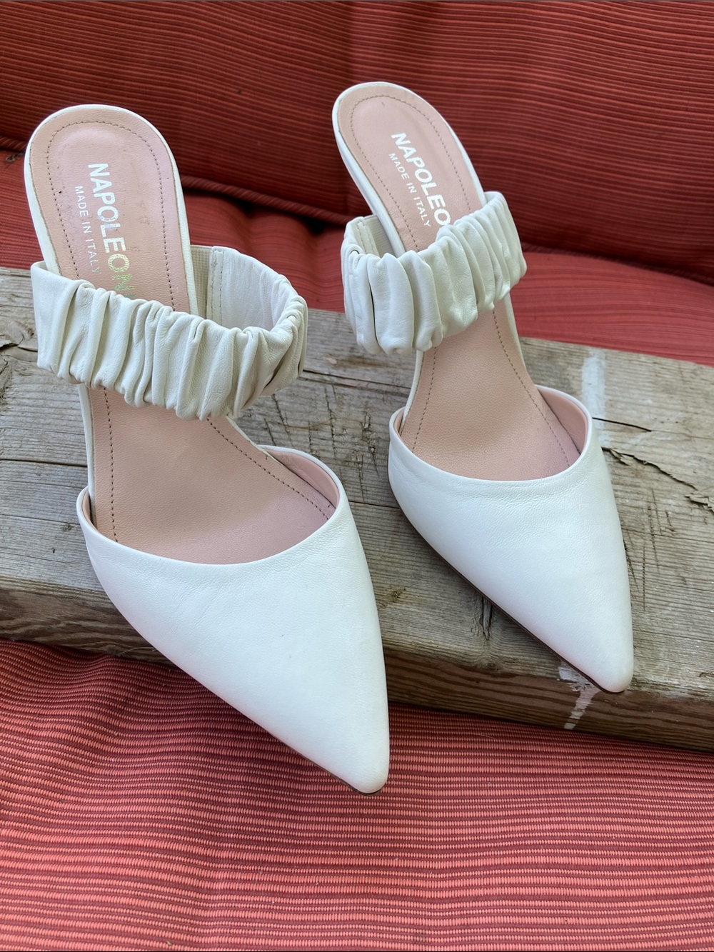 Napoleon White Pointed-Toe Mule with Ruched Ankle Strap